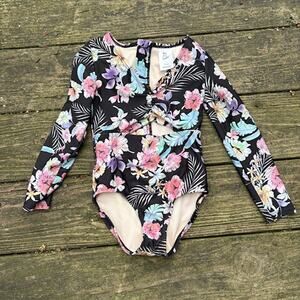 Art Class Black Floral Long Sleeve Rash Guard Swimsuit Girls Size XS (4/5)